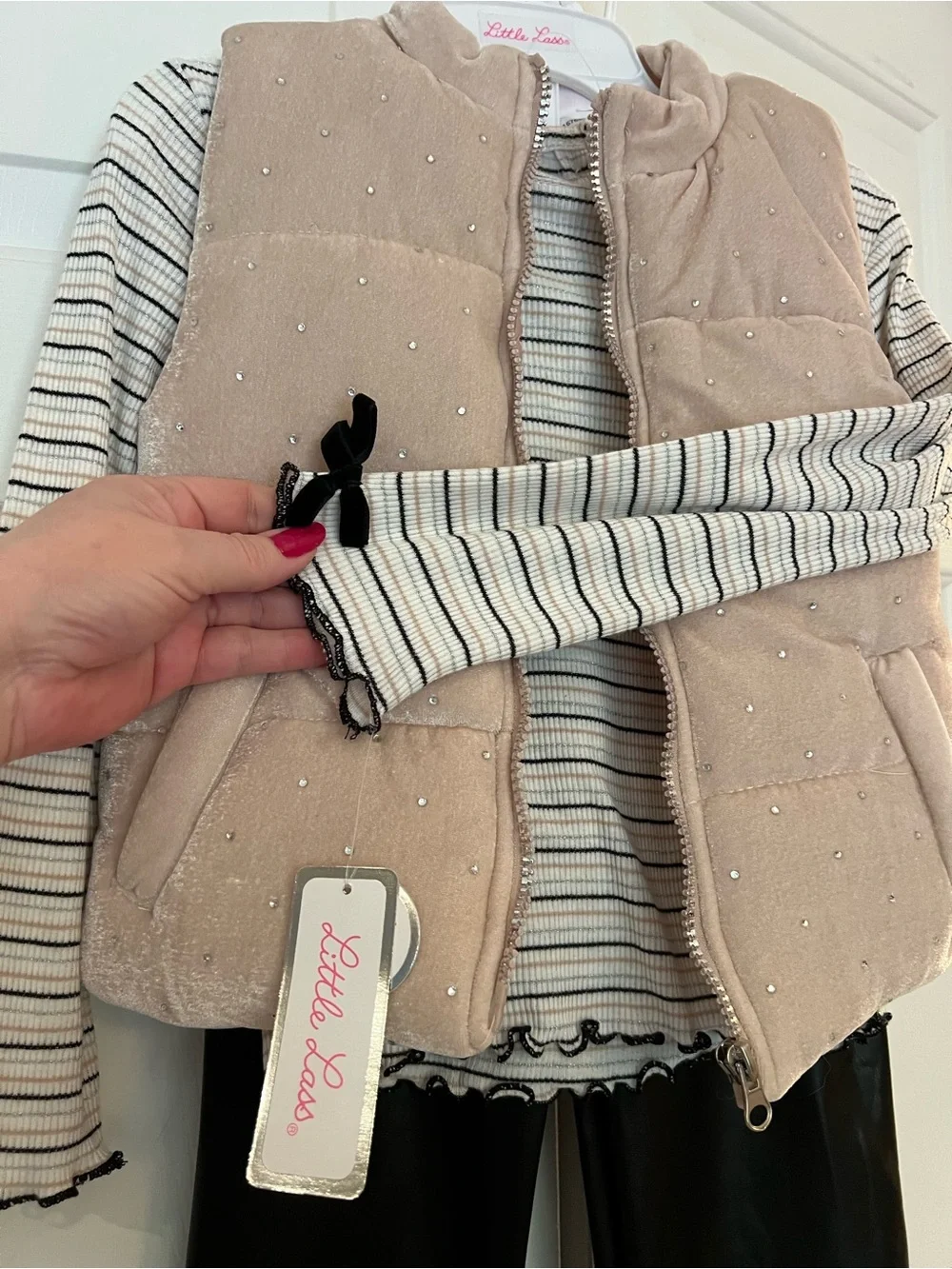 Little Lass Girls Sz 6 Quilted Vest, Shirt and Faux Leather Pants - 3 Piece Set